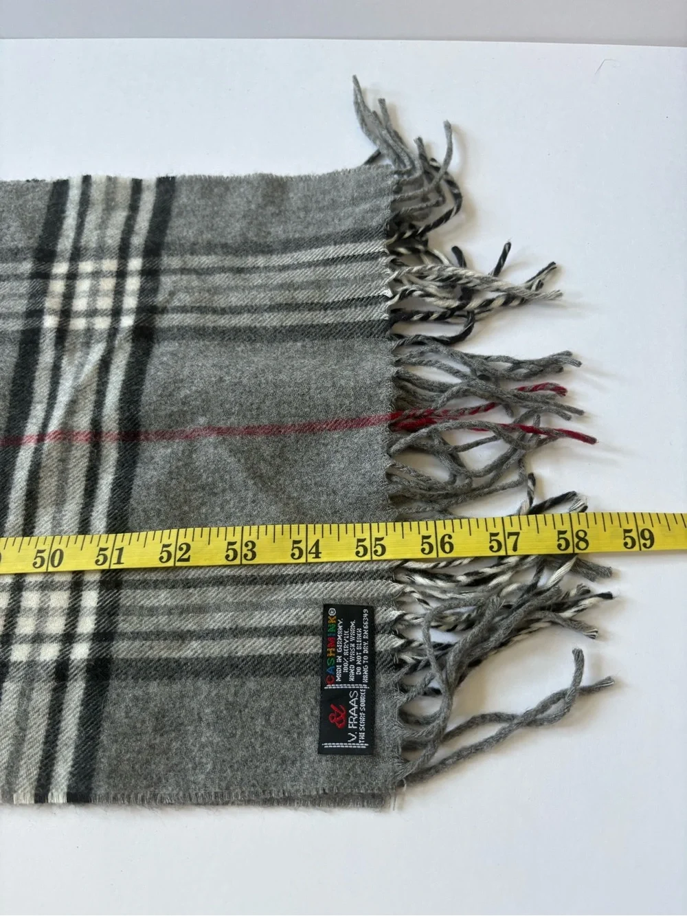 V Fraas Cashmink Plaid Scarf Gray Red Black Fringe Nova Check Germany Soft Vegan
